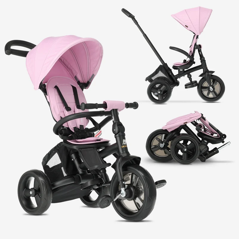 Tricycle Explorer Luxe avec barre de poussée - Pliable avec panier rose