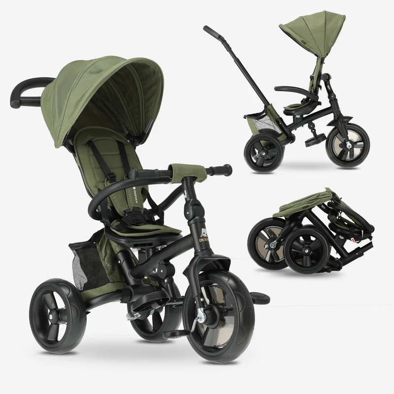 Tricycle Explorer Luxe avec barre de poussée - Pliable avec panier vert