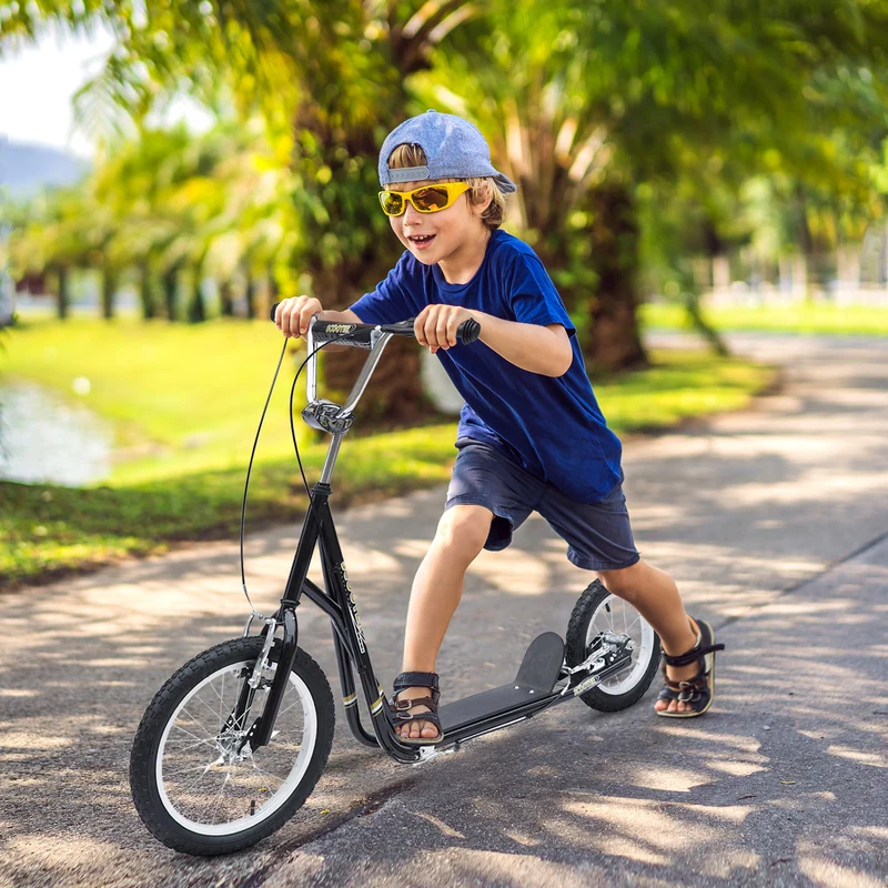 Trottinette pour enfants et adolescents avec roues en caoutchouc, roue avant de 16 pouces, guidon réglable en hauteur, double frein, béquille, pour les 5 ans et plus, noire