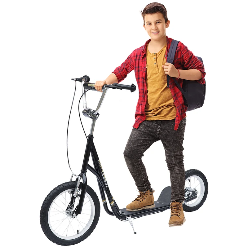 Trottinette pour enfants et adolescents avec roues en caoutchouc, roue avant de 16 pouces, guidon réglable en hauteur, double frein, béquille, pour les 5 ans et plus, noire