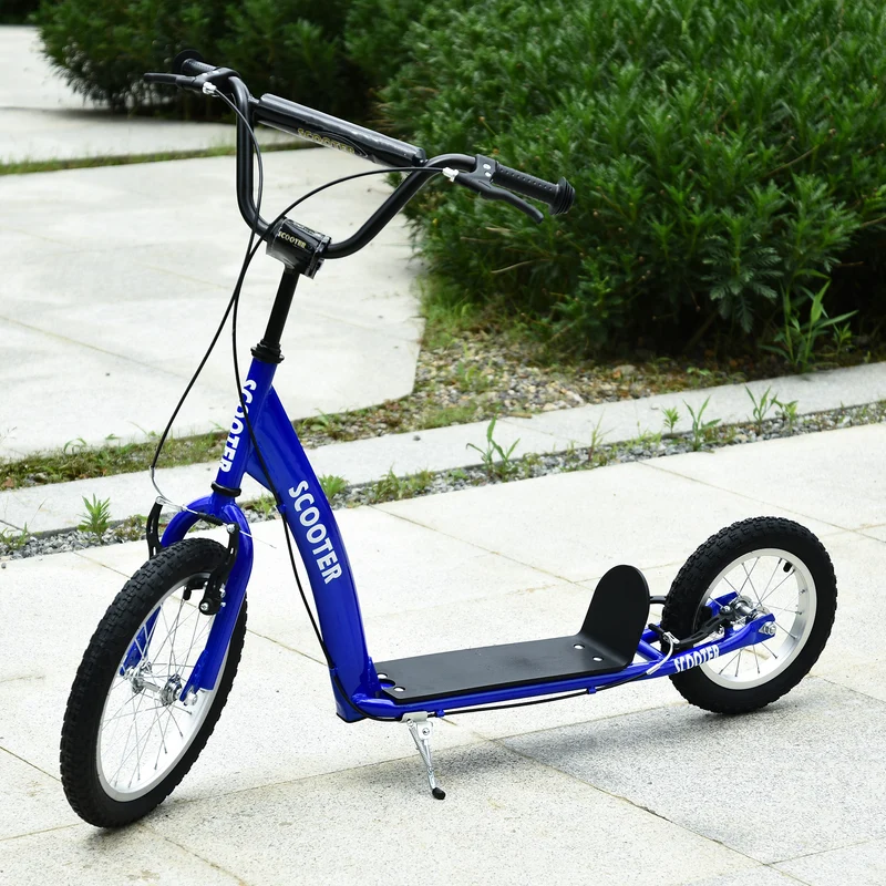 Trottinette pour enfants de 5 ans et plus avec guidon réglable, roues gonflables (16 pouces à l'avant, 12 pouces à l'arrière), double frein et coloris bleu.