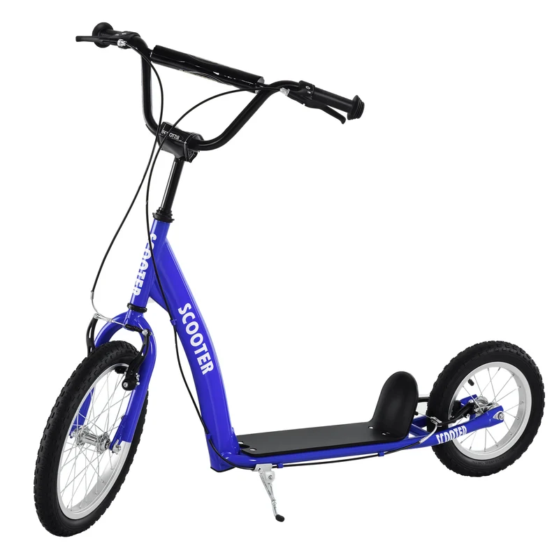 Trottinette pour enfants de 5 ans et plus avec guidon réglable, roues gonflables (16 pouces à l'avant, 12 pouces à l'arrière), double frein et coloris bleu.