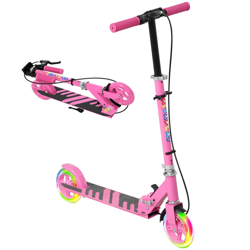 Trottinette pour enfants de 3 à 8 ans, avec guidon réglable, deux roues lumineuses, frein à main, frein arrière, rose