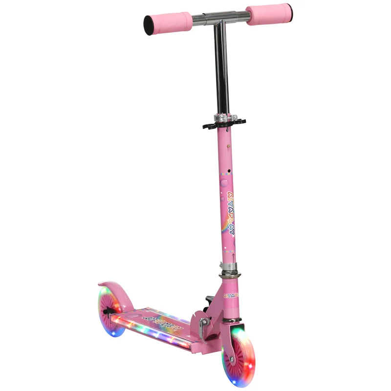 Trottinette pour enfants avec lumières et musique, hauteur réglable, cadre pliable, pour les 3 à 7 ans – Rose