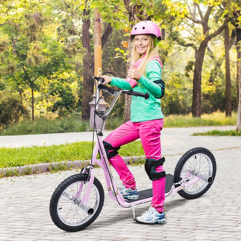 Trottinette pour enfants avec grandes roues de 16 pouces, hauteur réglable, doubles freins, pour les 5 ans et plus, rose