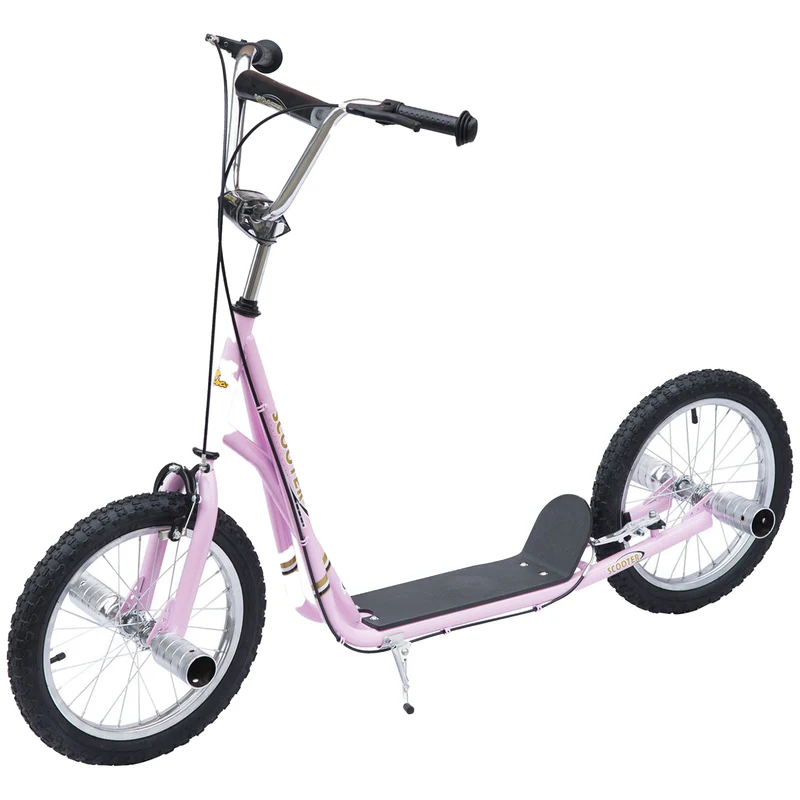 Trottinette pour enfants avec grandes roues de 16 pouces, hauteur réglable, doubles freins, pour les 5 ans et plus, rose