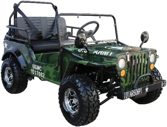 Military Style Mini Golf Cart, Kids Camouflage Green Off-Road Vehicle with LED Lights, Army Design