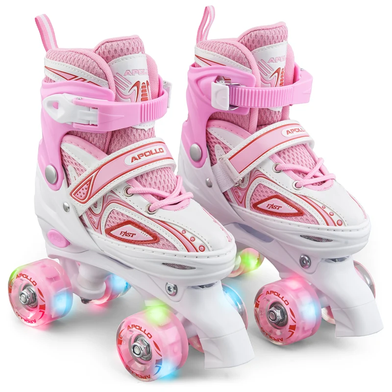 Super Quad X Pro – Patins à roulettes LED pour enfants et adolescents – Rose blanc