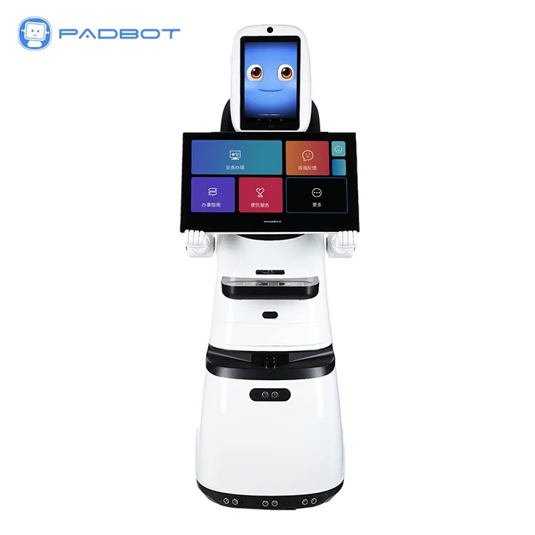 Robot IA d'accueil à double écran PadBot X3, guide showroom